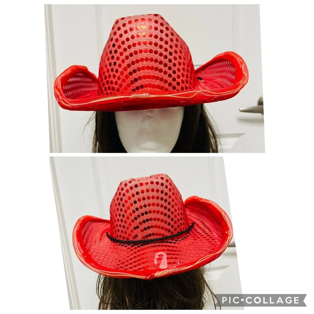 NEW Red Light Up Cowboy Hat LED Sequin Western Party Hat Unisex
